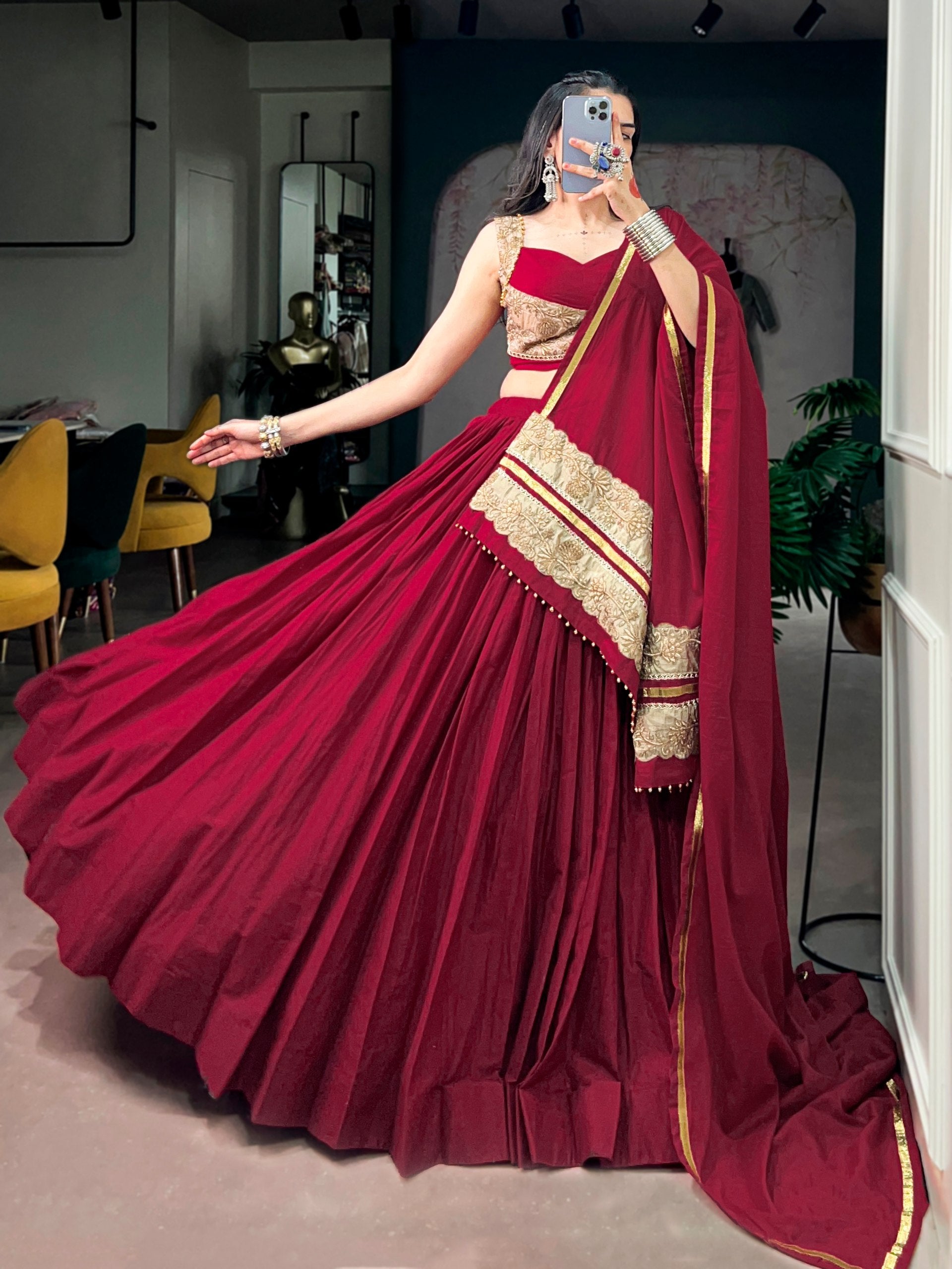 Red Pure Mal Mal Cotton Navratri Dandiya Lehenga Choli