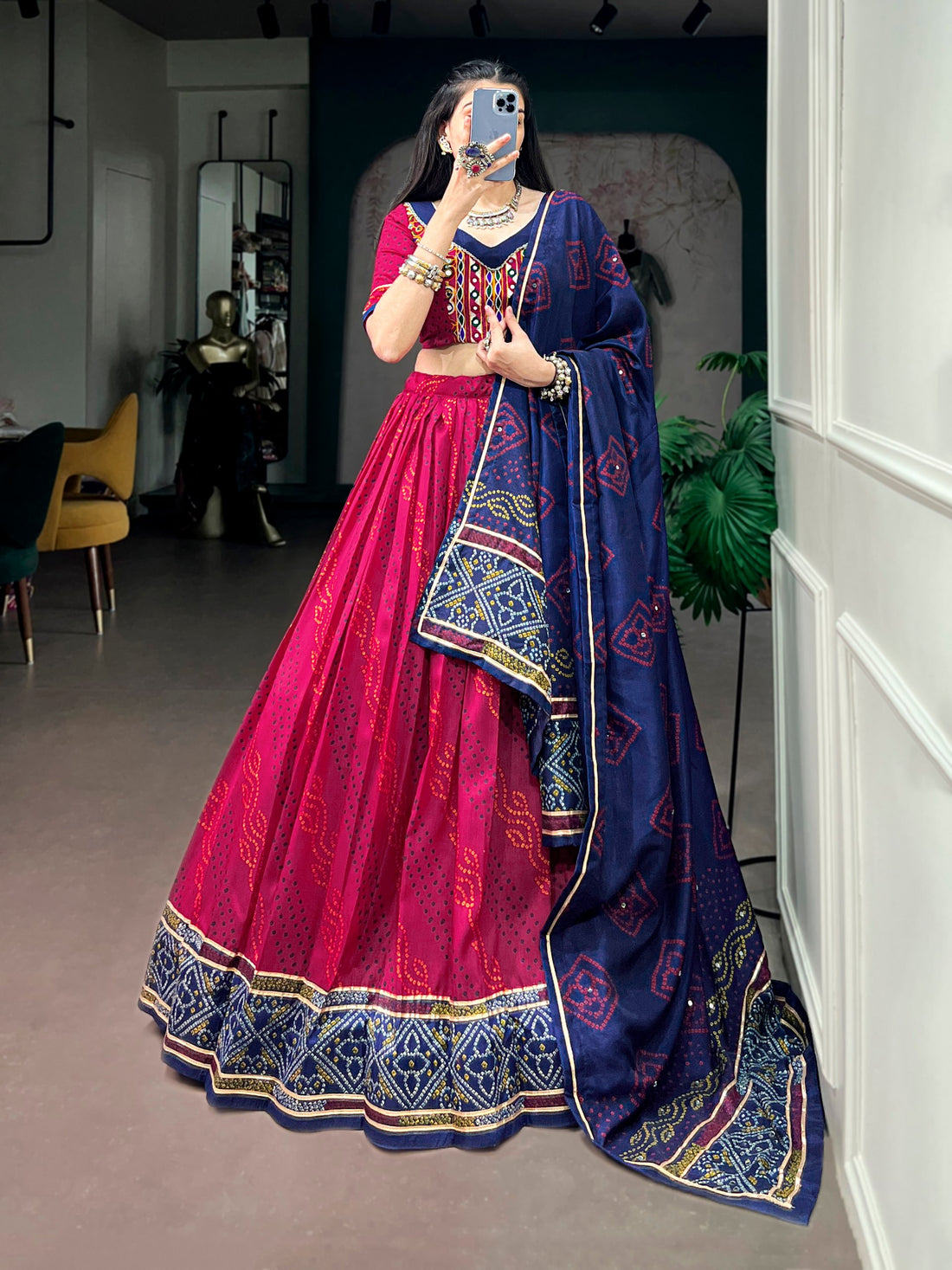 Red Pure Tasar Silk traditional Bandhej Print Navratri Lehenga Choli