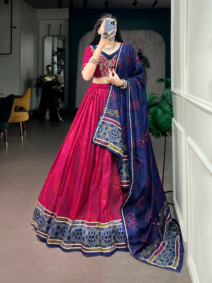 Red Pure Tasar Silk traditional Bandhej Print Navratri Lehenga Choli