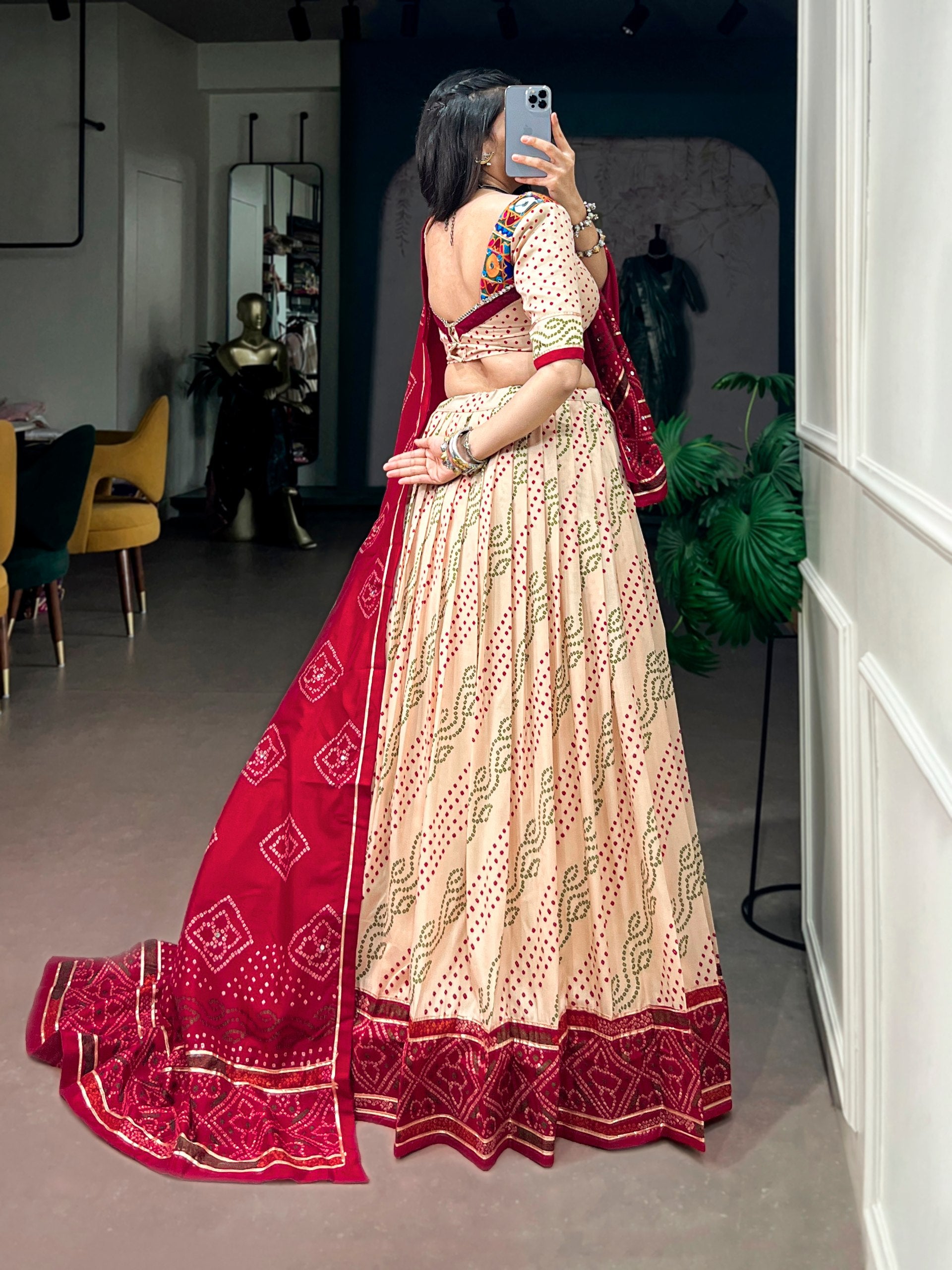Beige Pure Tasar Silk traditional Bandhej Print Navratri Lehenga Choli