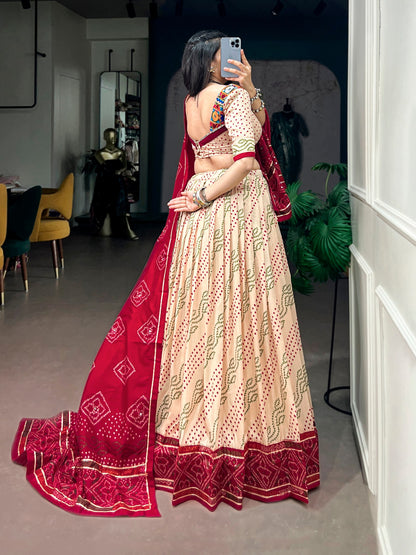 Beige Pure Tasar Silk traditional Bandhej Print Navratri Lehenga Choli