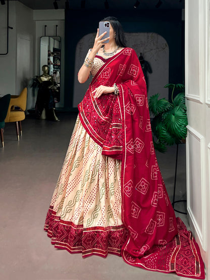 Beige Pure Tasar Silk traditional Bandhej Print Navratri Lehenga Choli