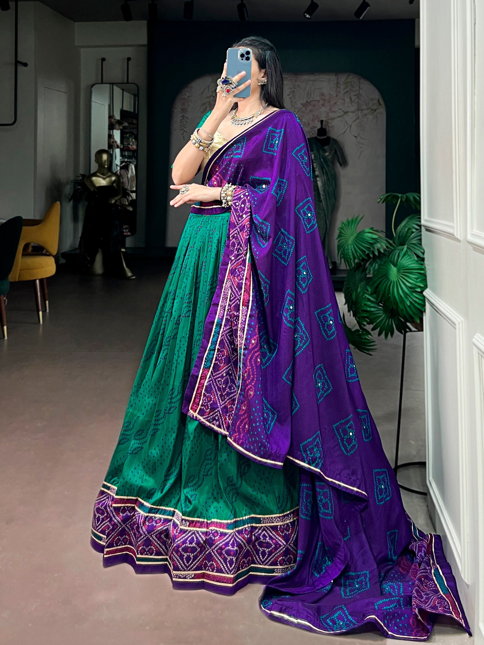 Green Pure Tasar Silk traditional Bandhej Print Navratri Lehenga Choli