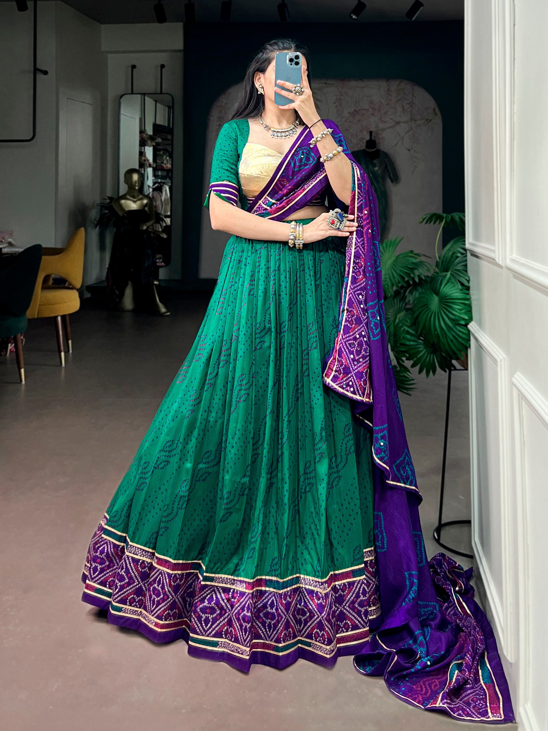 Green Pure Tasar Silk traditional Bandhej Print Navratri Lehenga Choli