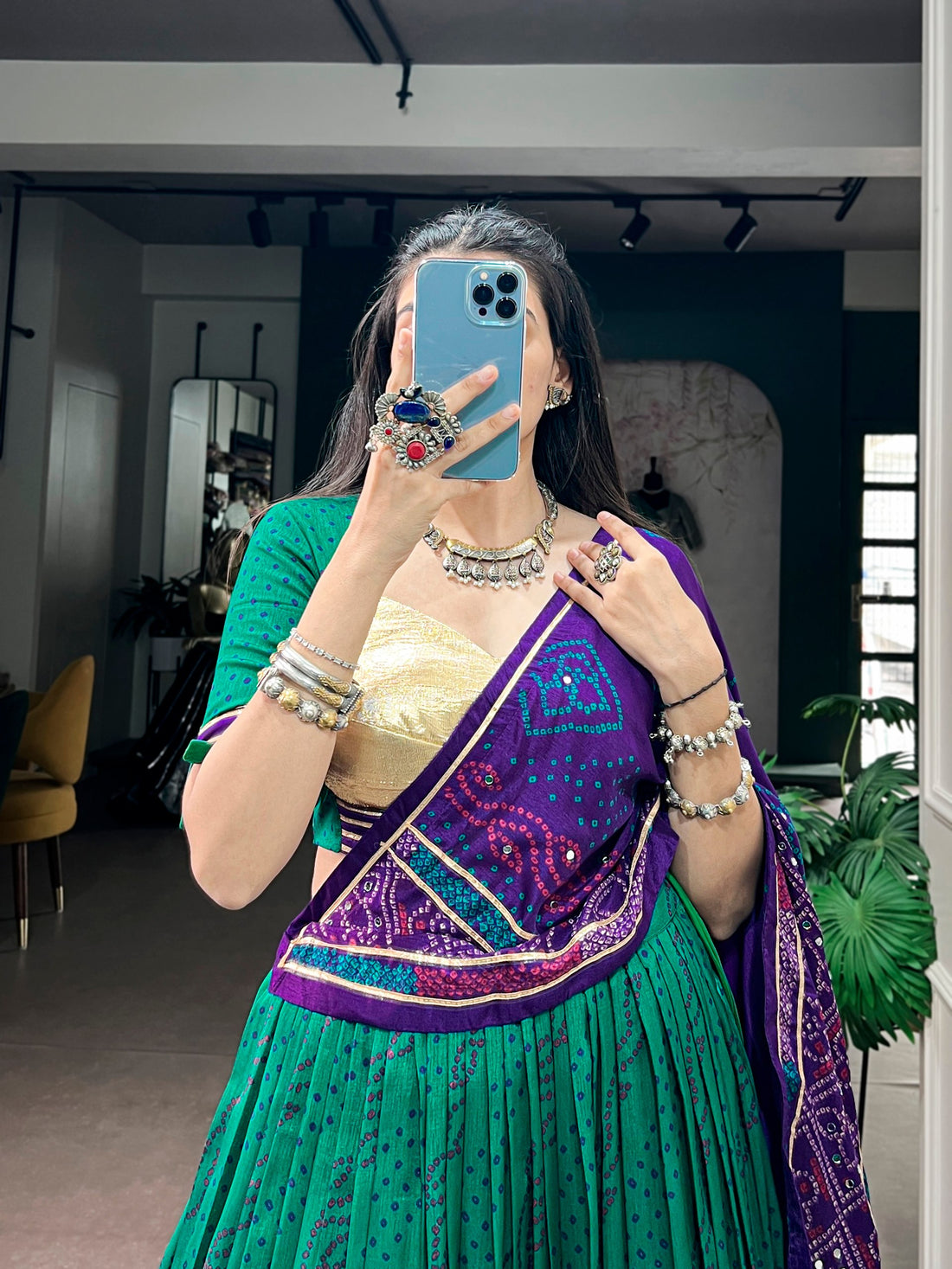 Green Pure Tasar Silk traditional Bandhej Print Navratri Lehenga Choli