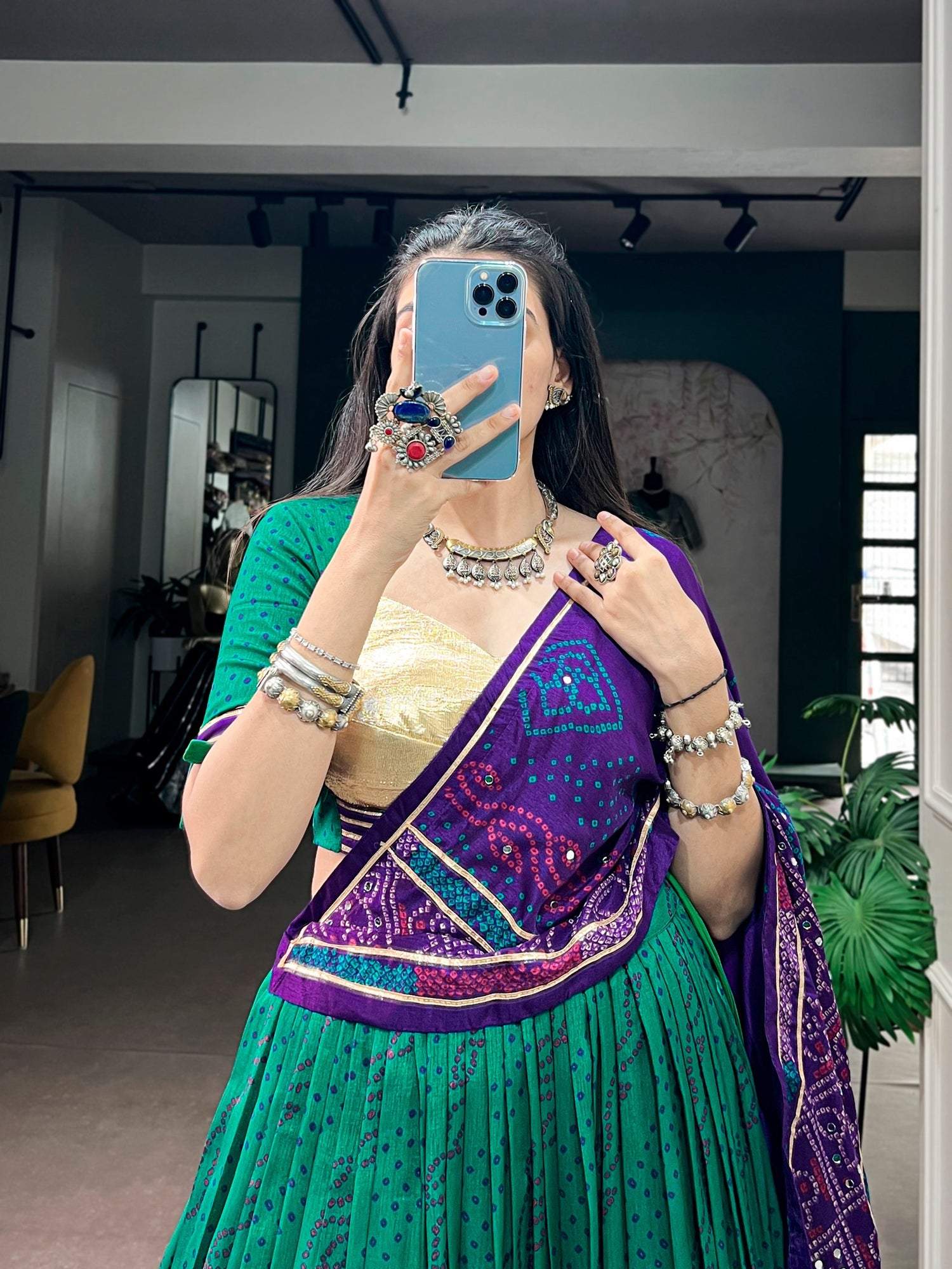 Green Pure Tasar Silk traditional Bandhej Print Navratri Lehenga Choli