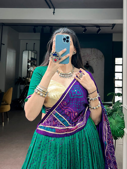 Green Pure Tasar Silk traditional Bandhej Print Navratri Lehenga Choli