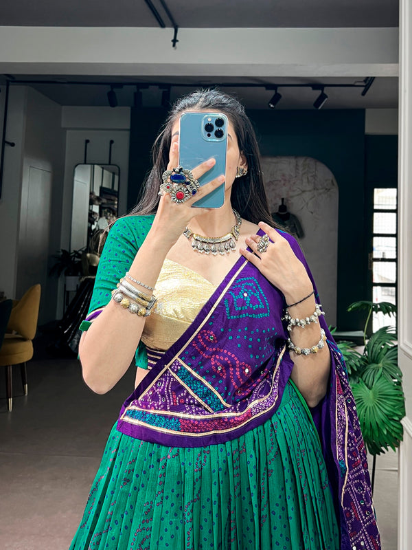 Green Pure Tasar Silk traditional Bandhej Print Navratri Lehenga Choli