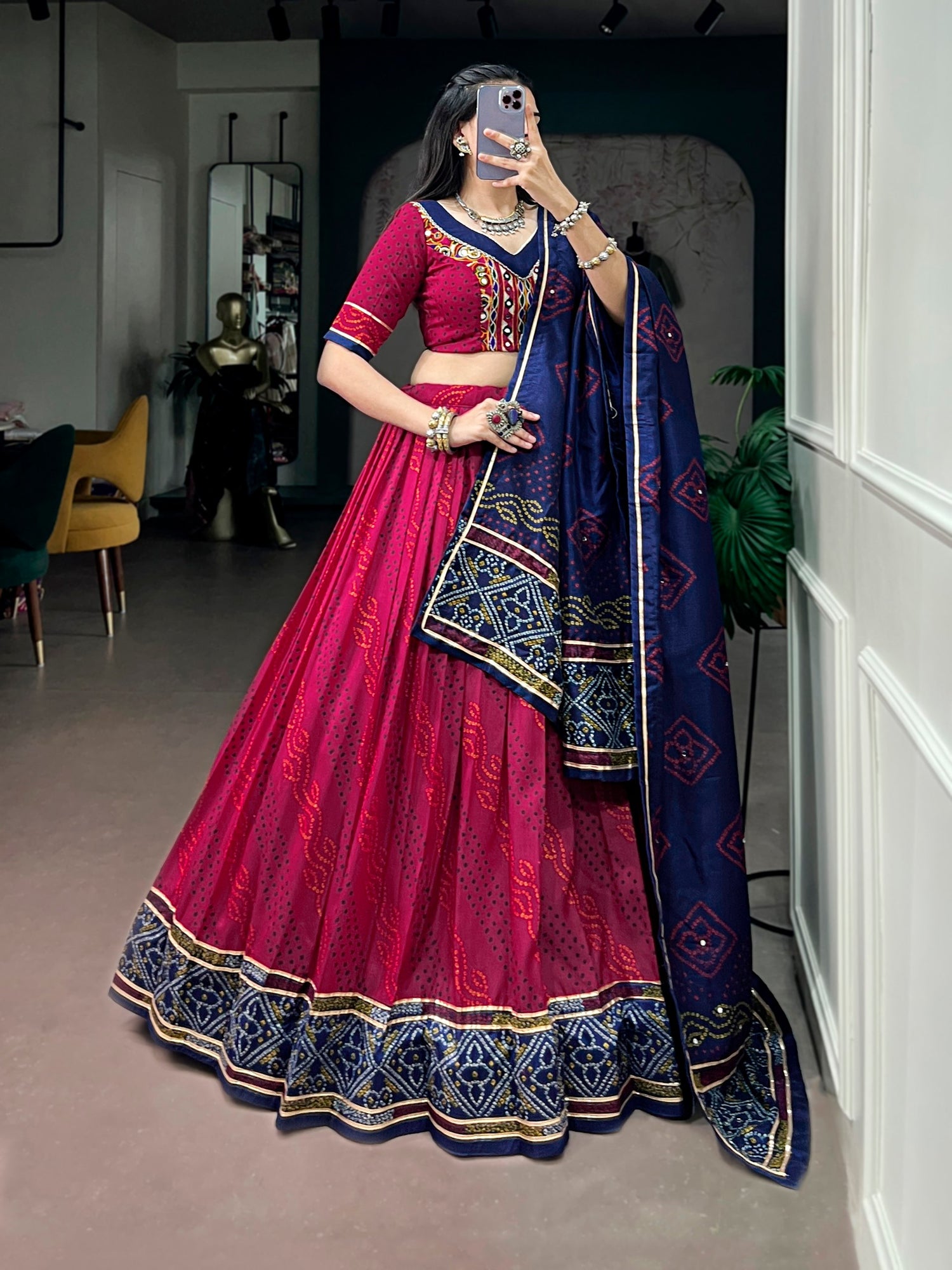 Red Pure Tasar Silk traditional Bandhej Print Navratri Lehenga Choli