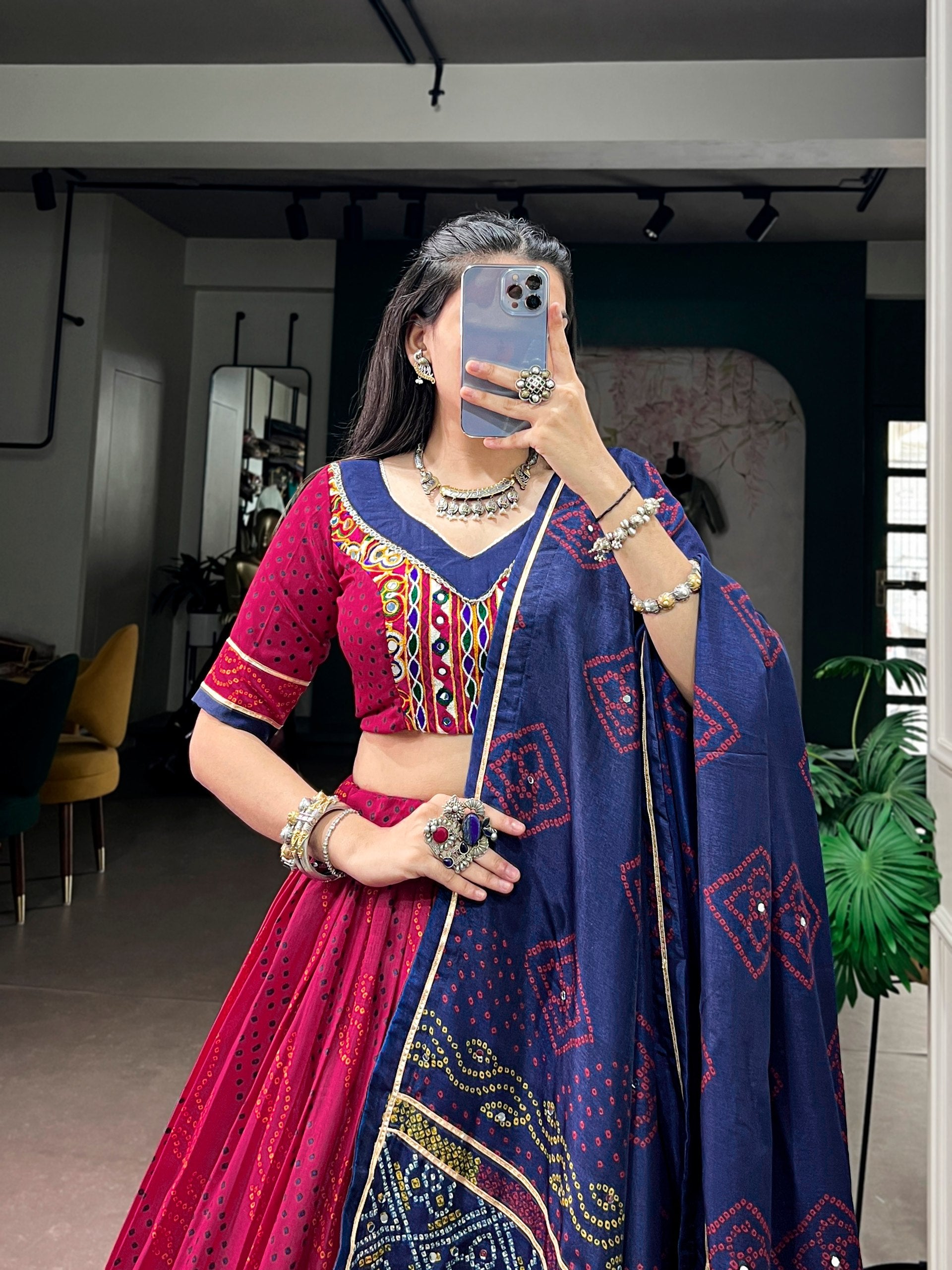 Red Pure Tasar Silk traditional Bandhej Print Navratri Lehenga Choli
