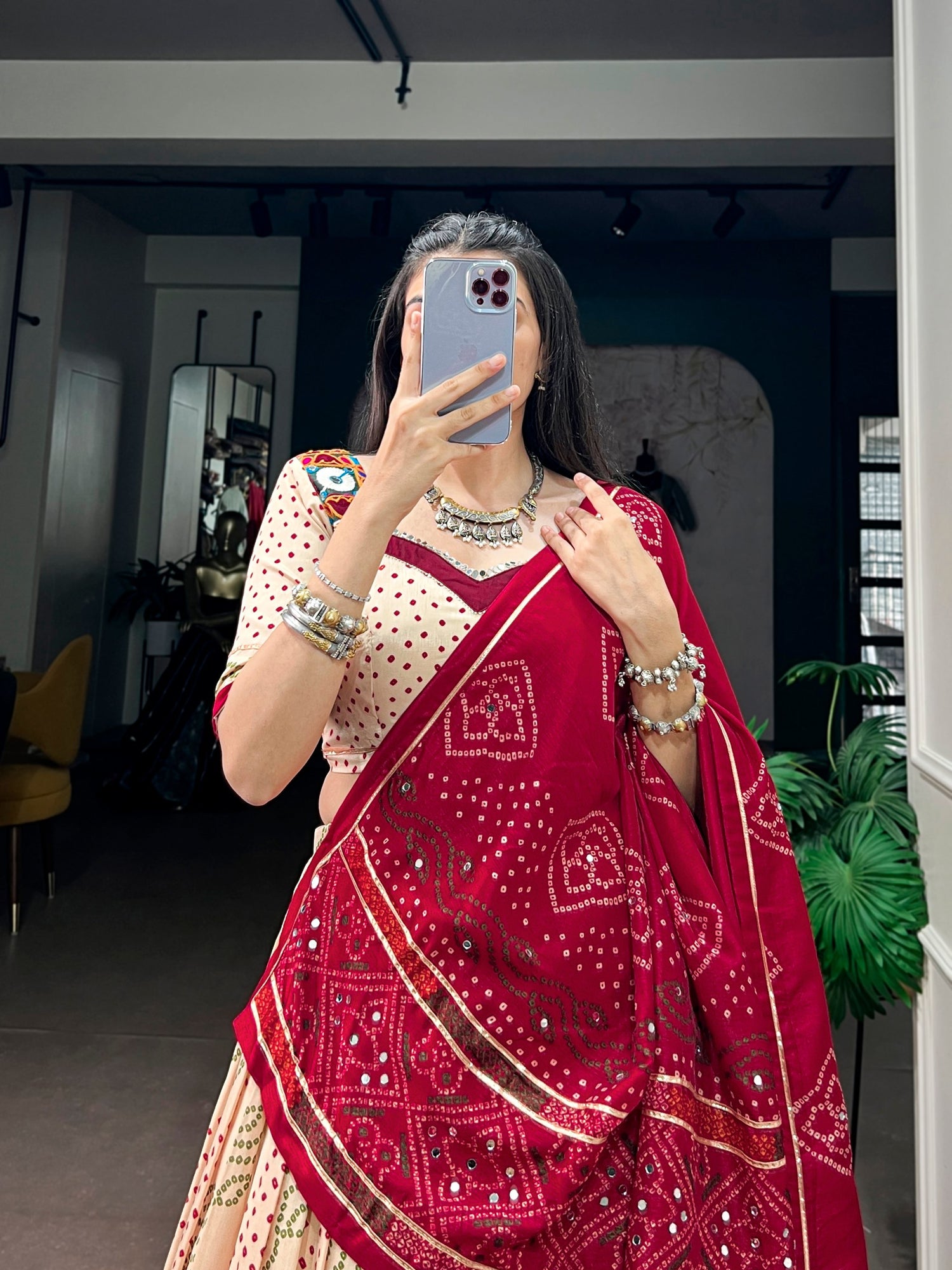 Beige Pure Tasar Silk traditional Bandhej Print Navratri Lehenga Choli