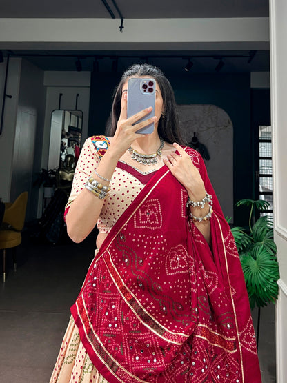 Beige Pure Tasar Silk traditional Bandhej Print Navratri Lehenga Choli