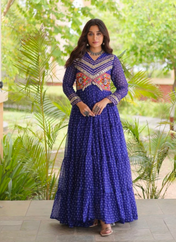 Blue Pure Faux Georgette Bandhani Print With Kutchi Patchwork Anarkali Long Gown