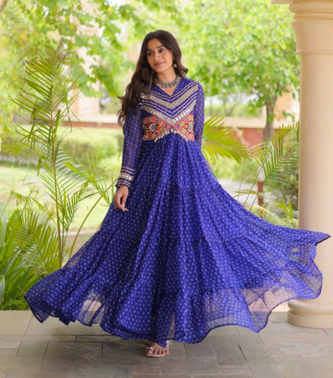 Blue Pure Faux Georgette Bandhani Print With Kutchi Patchwork Anarkali Long Gown