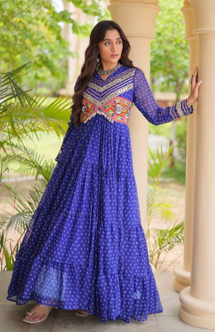 Blue Pure Faux Georgette Bandhani Print With Kutchi Patchwork Anarkali Long Gown