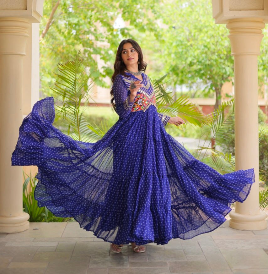 Blue Pure Faux Georgette Bandhani Print With Kutchi Patchwork Anarkali Long Gown