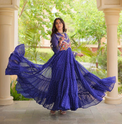 Blue Pure Faux Georgette Bandhani Print With Kutchi Patchwork Anarkali Long Gown