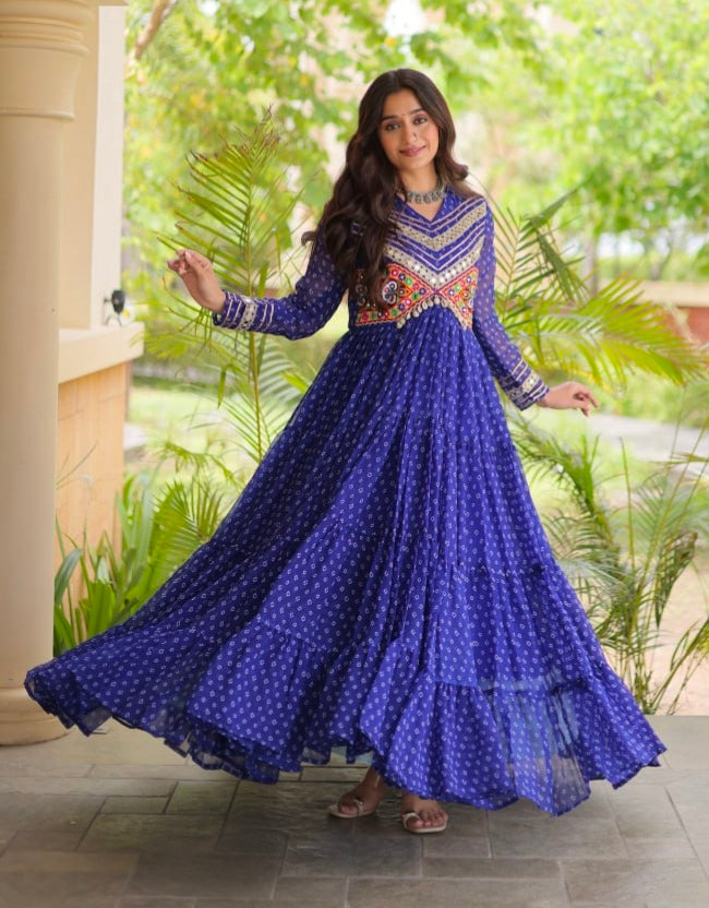 Blue Pure Faux Georgette Bandhani Print With Kutchi Patchwork Anarkali Long Gown