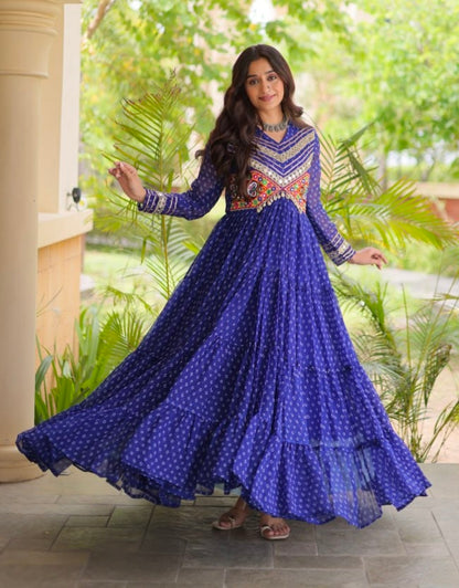 Blue Pure Faux Georgette Bandhani Print With Kutchi Patchwork Anarkali Long Gown