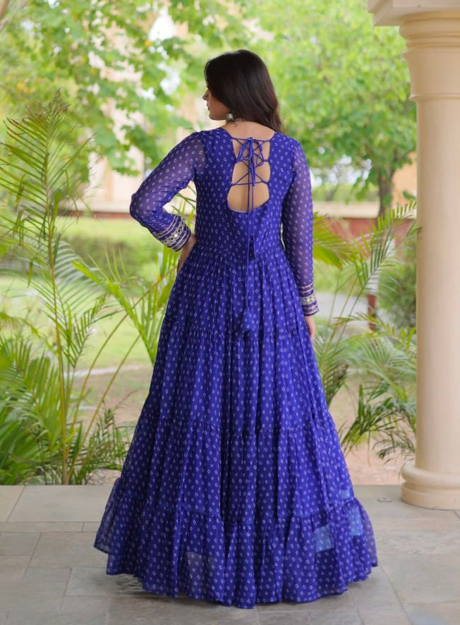 Blue Pure Faux Georgette Bandhani Print With Kutchi Patchwork Anarkali Long Gown