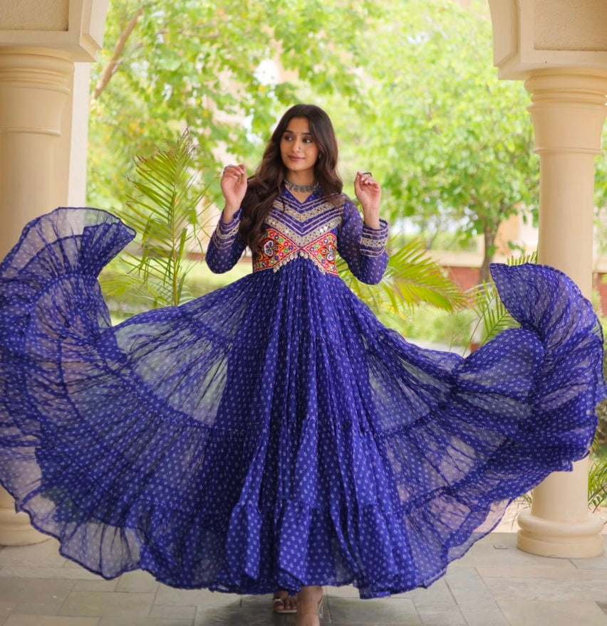 Blue Pure Faux Georgette Bandhani Print With Kutchi Patchwork Anarkali Long Gown