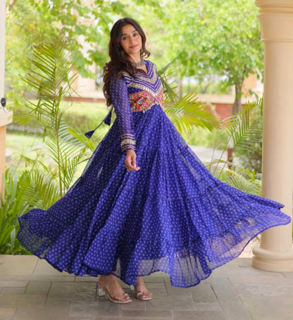 Blue Pure Faux Georgette Bandhani Print With Kutchi Patchwork Anarkali Long Gown
