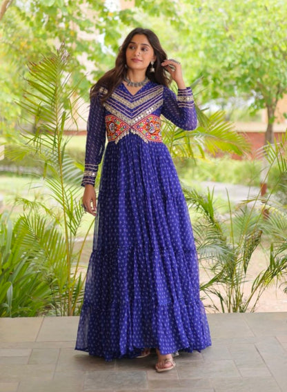 Blue Pure Faux Georgette Bandhani Print With Kutchi Patchwork Anarkali Long Gown