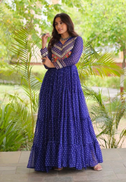 Blue Pure Faux Georgette Bandhani Print With Kutchi Patchwork Anarkali Long Gown