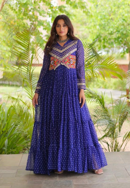 Blue Pure Faux Georgette Bandhani Print With Kutchi Patchwork Anarkali Long Gown