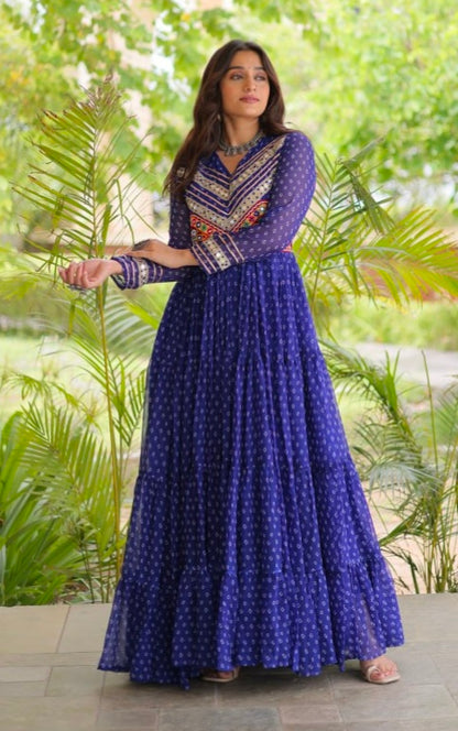 Blue Pure Faux Georgette Bandhani Print With Kutchi Patchwork Anarkali Long Gown