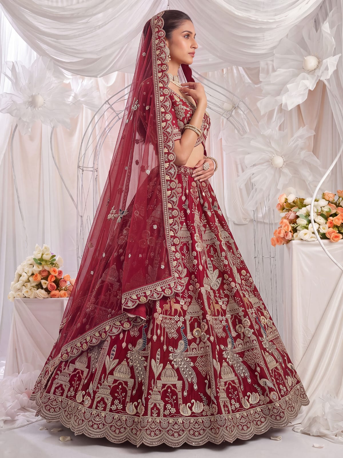 Red Pure Sub Silk Premium Heavy Beads &amp; Motif Dori Embroidery Zari Sequins Hand Work Bridal Lehenga Choli