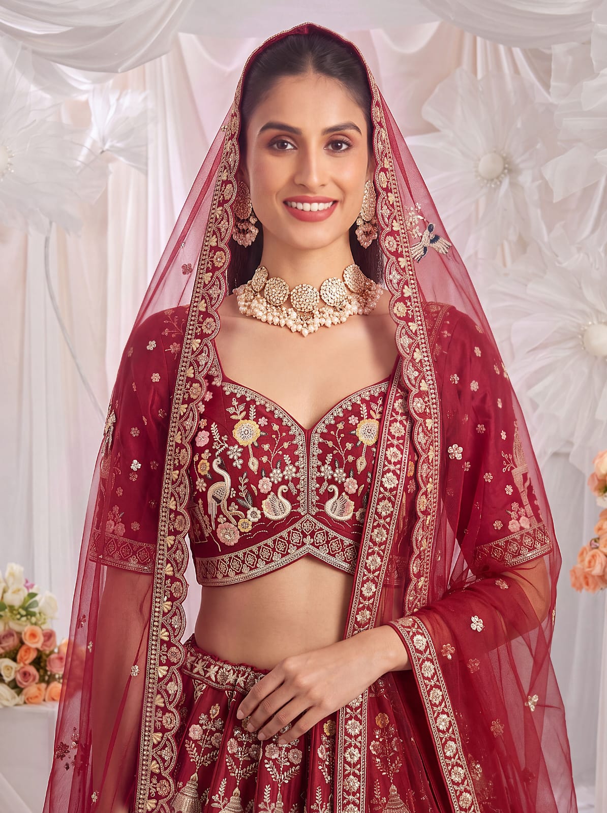 Red Pure Sub Silk Premium Heavy Beads &amp; Motif Dori Embroidery Zari Sequins Hand Work Bridal Lehenga Choli