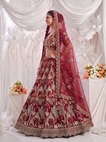 Red Pure Sub Silk Premium Heavy Beads &amp; Motif Dori Embroidery Zari Sequins Hand Work Bridal Lehenga Choli