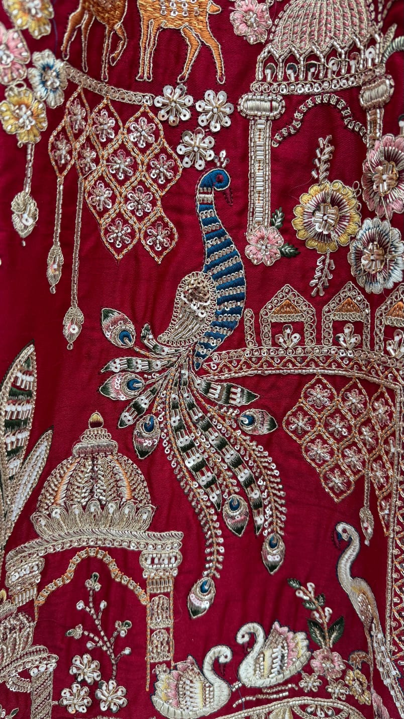 Red Pure Sub Silk Premium Heavy Beads &amp; Motif Dori Embroidery Zari Sequins Hand Work Bridal Lehenga Choli