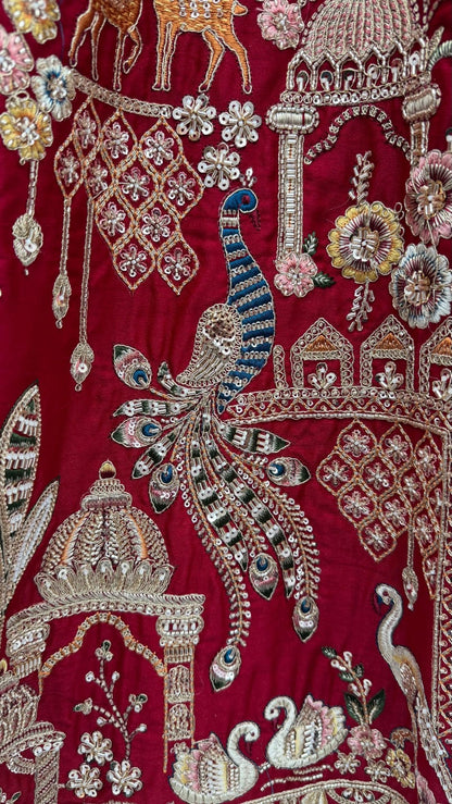 Red Pure Sub Silk Premium Heavy Beads &amp; Motif Dori Embroidery Zari Sequins Hand Work Bridal Lehenga Choli