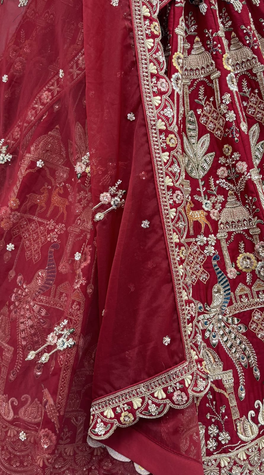 Red Pure Sub Silk Premium Heavy Beads &amp; Motif Dori Embroidery Zari Sequins Hand Work Bridal Lehenga Choli