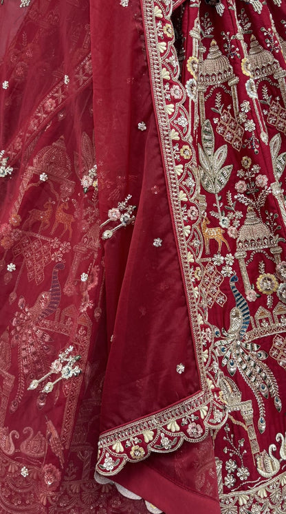Red Pure Sub Silk Premium Heavy Beads &amp; Motif Dori Embroidery Zari Sequins Hand Work Bridal Lehenga Choli