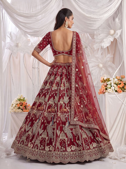 Red Pure Sub Silk Premium Heavy Beads &amp; Motif Dori Embroidery Zari Sequins Hand Work Bridal Lehenga Choli