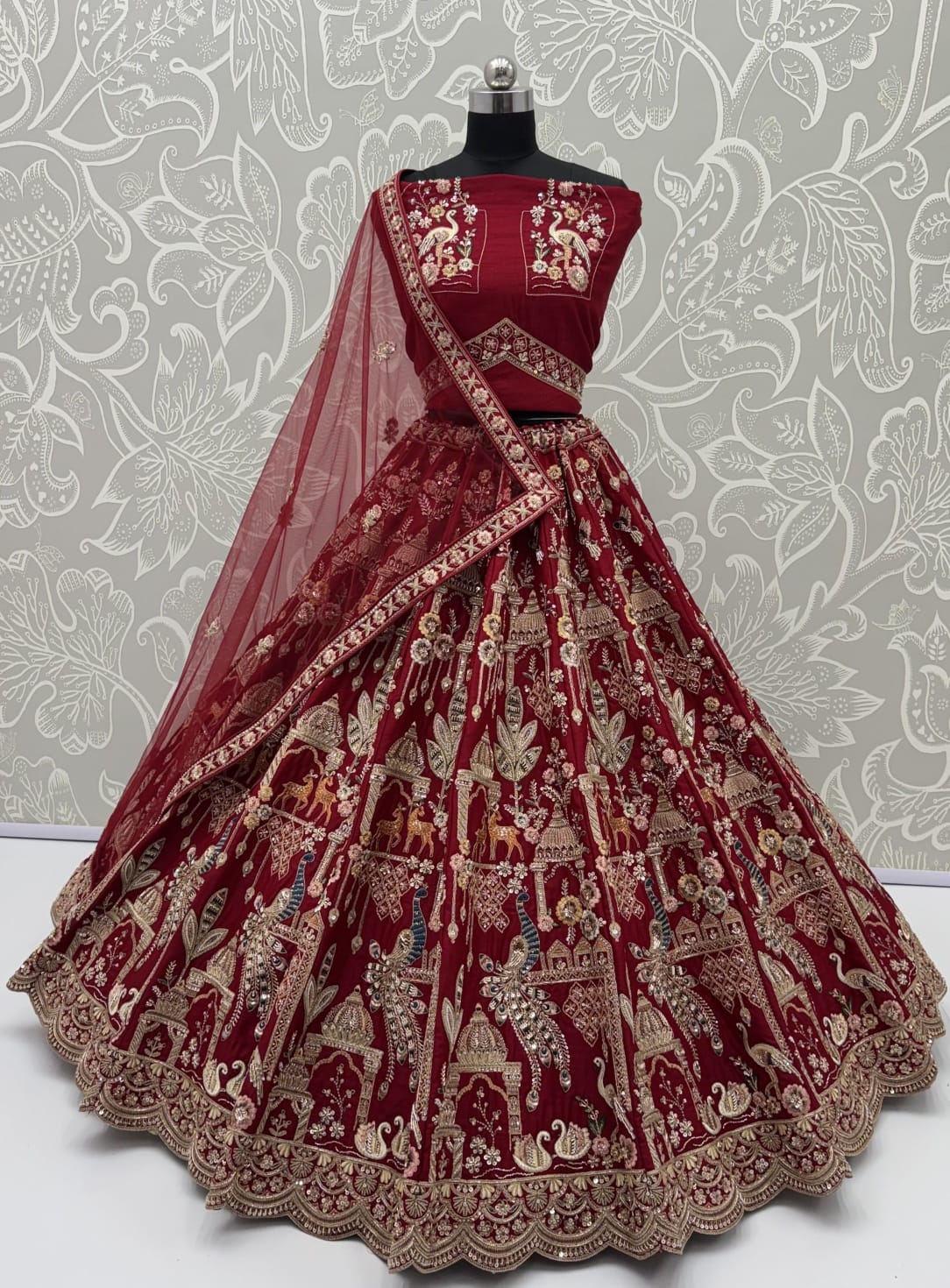 Red Pure Sub Silk Premium Heavy Beads &amp; Motif Dori Embroidery Zari Sequins Hand Work Bridal Lehenga Choli