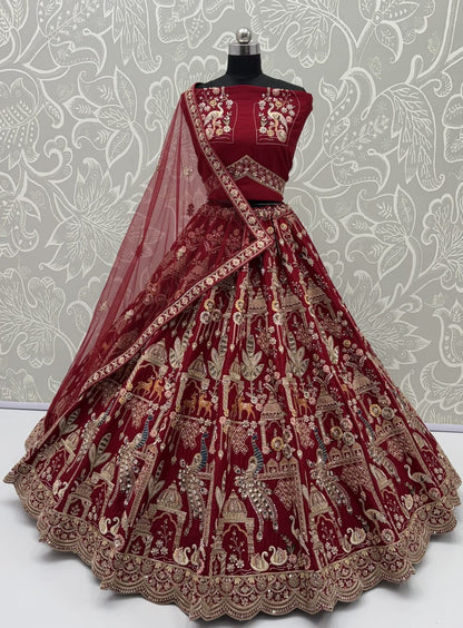 Red Pure Sub Silk Premium Heavy Beads &amp; Motif Dori Embroidery Zari Sequins Hand Work Bridal Lehenga Choli