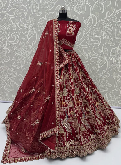 Red Pure Sub Silk Premium Heavy Beads &amp; Motif Dori Embroidery Zari Sequins Hand Work Bridal Lehenga Choli