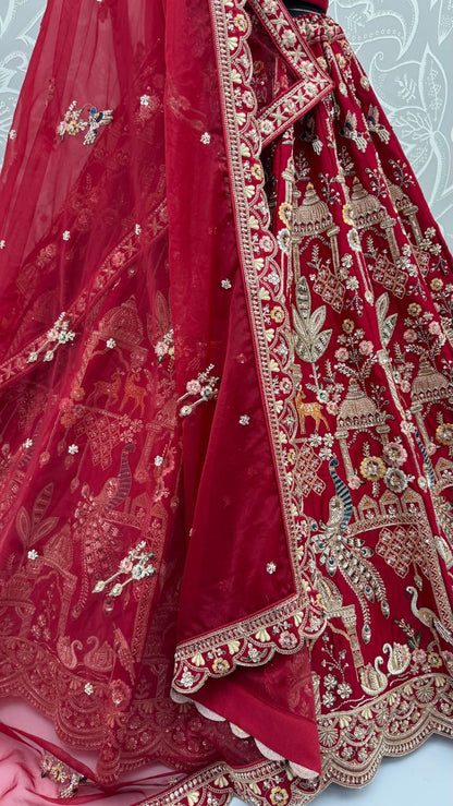 Red Pure Sub Silk Premium Heavy Beads &amp; Motif Dori Embroidery Zari Sequins Hand Work Bridal Lehenga Choli