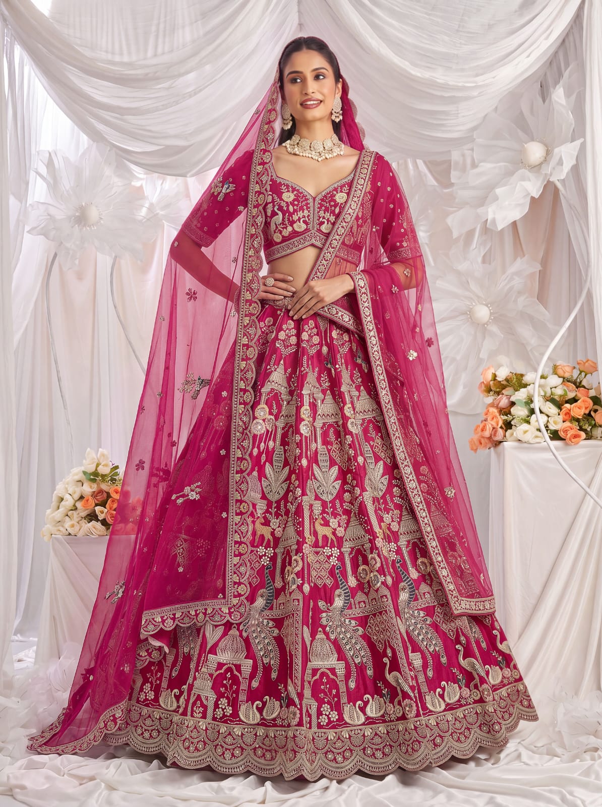 Pink Pure Sub Silk Premium Heavy Beads &amp; Motif Dori Embroidery Zari Sequins Hand Work Bridal Lehenga Choli