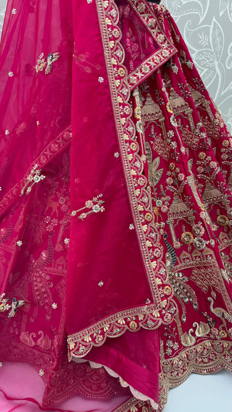 Pink Pure Sub Silk Premium Heavy Beads &amp; Motif Dori Embroidery Zari Sequins Hand Work Bridal Lehenga Choli
