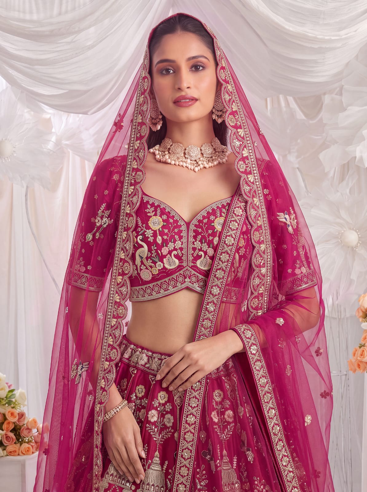 Pink Pure Sub Silk Premium Heavy Beads &amp; Motif Dori Embroidery Zari Sequins Hand Work Bridal Lehenga Choli