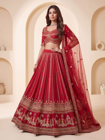 Red Pure Premium Silk Heavy Beads &amp; Motif Dori Embroidery Zari Sequins Hand Work Bridal Lehenga Choli