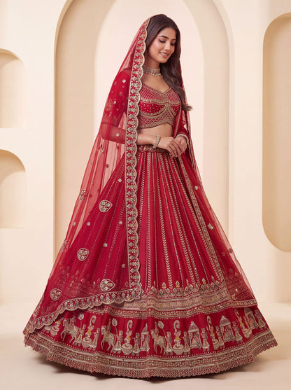 Red Pure Premium Silk Heavy Beads &amp; Motif Dori Embroidery Zari Sequins Hand Work Bridal Lehenga Choli