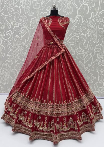 Red Pure Premium Silk Heavy Beads &amp; Motif Dori Embroidery Zari Sequins Hand Work Bridal Lehenga Choli