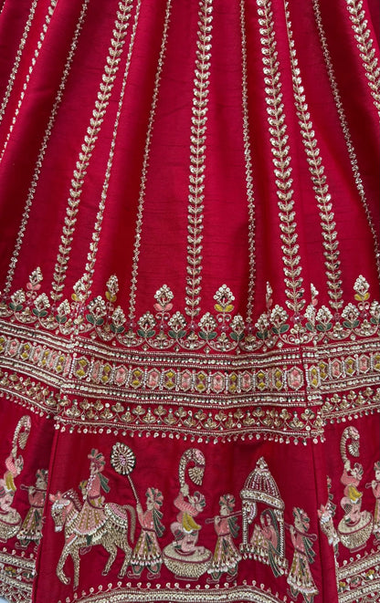 Red Pure Premium Silk Heavy Beads &amp; Motif Dori Embroidery Zari Sequins Hand Work Bridal Lehenga Choli