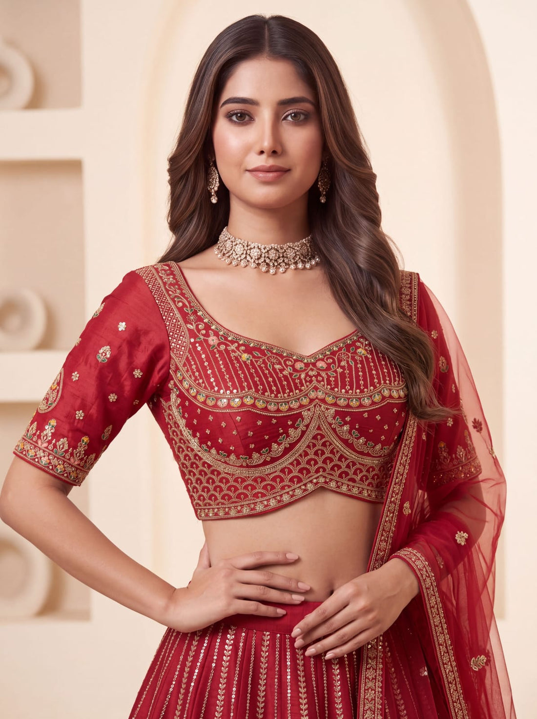 Red Pure Premium Silk Heavy Beads &amp; Motif Dori Embroidery Zari Sequins Hand Work Bridal Lehenga Choli